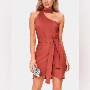 Missguided Burnt Orange One Shoulder Choker Tie Waist Mini Dress Size 6
